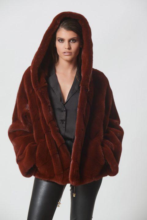 Berry Mink Short Jacket with Hood
