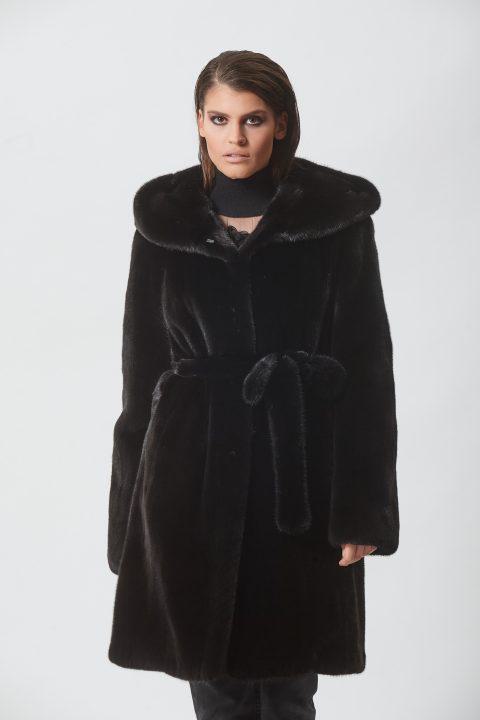 Black Mink Jacket with Hood and Fur Belt
