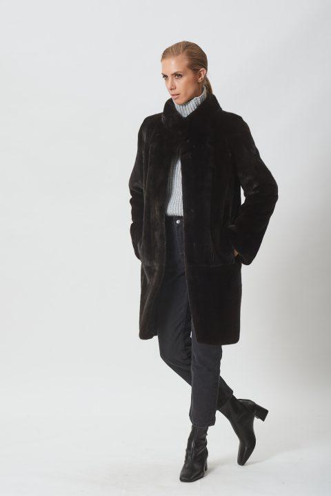 Black Mink Straight Jacket with Stand Collar