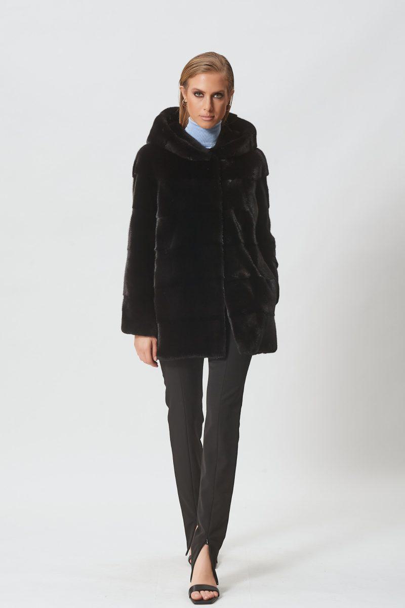 Black Mink Mid-Length Jacket with Hood
