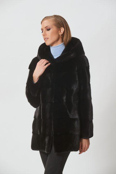 Black Mink Mid-Length Jacket with Hood