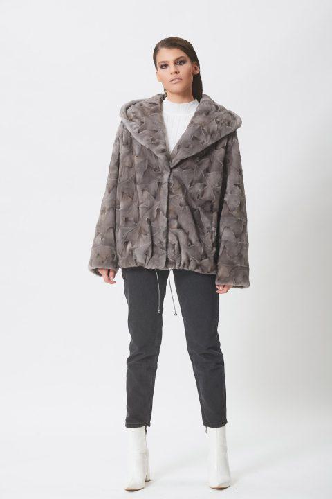 Blue Iris Sheared Mink Sections Short Jacket with Hood