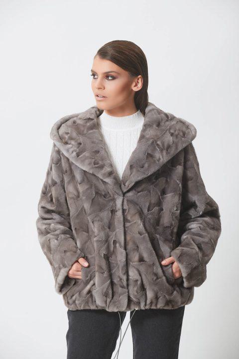 Blue Iris Sheared Mink Sections Short Jacket with Hood