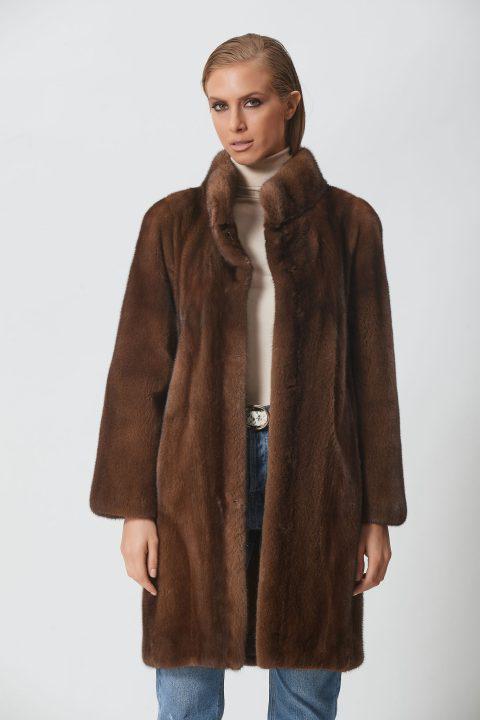 Brown Mink Straight Jacket with Stand Collar