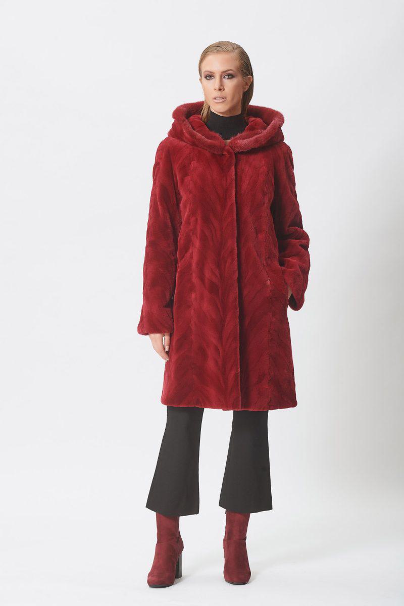 Cherry Sheared Mink Sections Jacket with Hood
