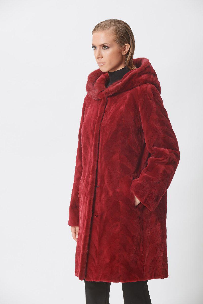 Cherry Sheared Mink Sections Jacket with Hood