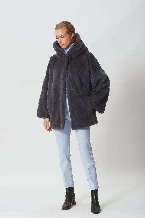 Dark Gray Mink Short Jacket with Hood