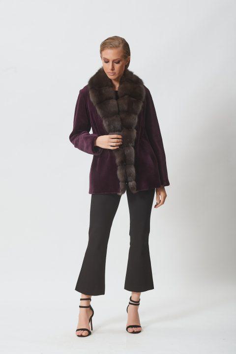 Dark Purple Short Sheared Mink Short Jacket with Sable Collar