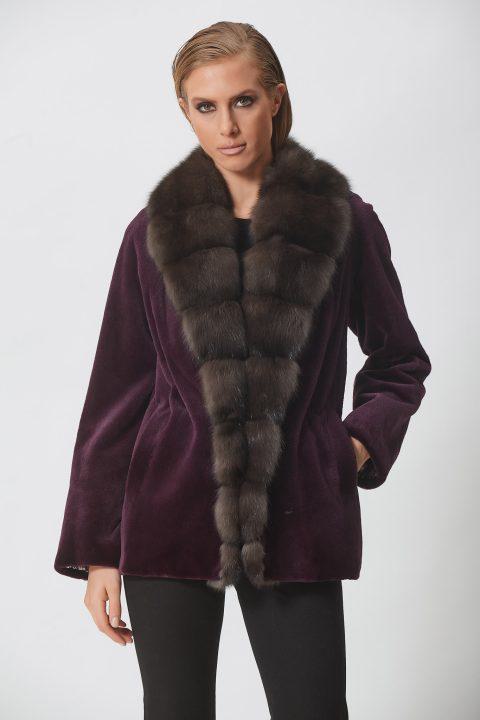 Dark Purple Short Sheared Mink Short Jacket with Sable Collar