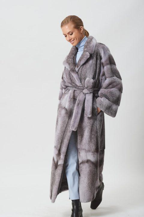 Gray Cross Mink Coat with Fur Belt