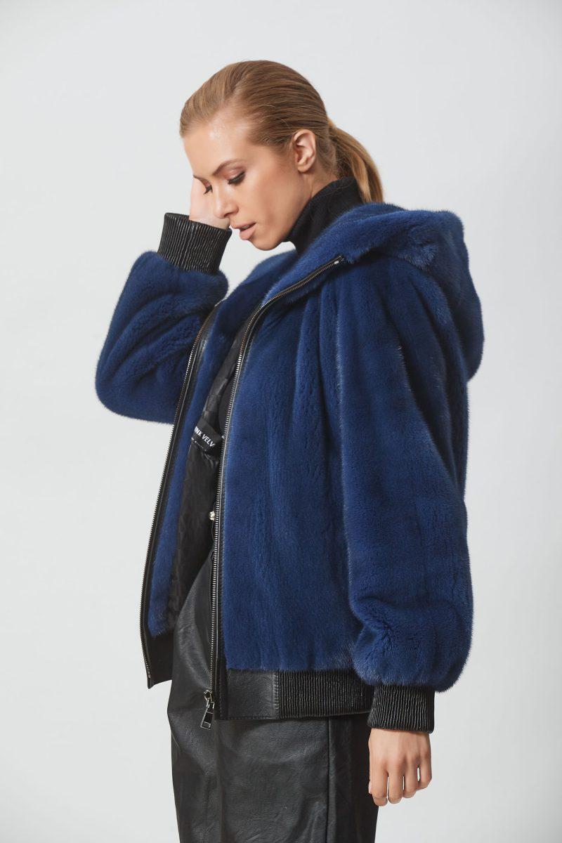 Jeans Mink Bomber with Hood