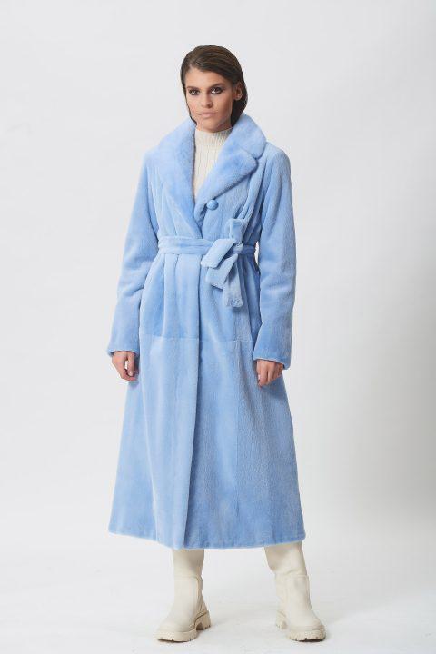 Light Blue Short Sheared Mink Coat with Fur Belt