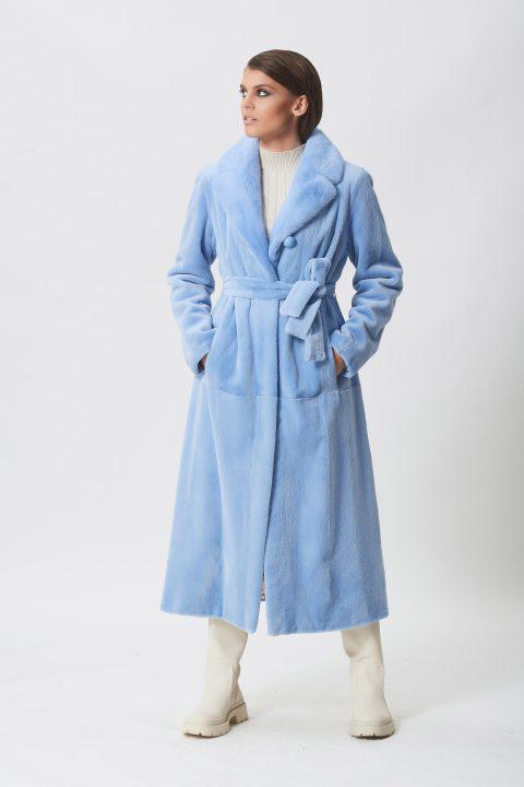Light Blue Short Sheared Mink Coat with Fur Belt