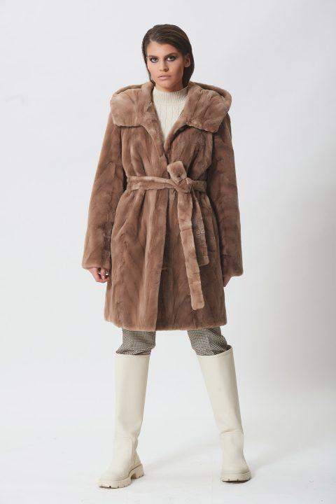 Pastel Sheared Mink Sections Long Jacket with Hood