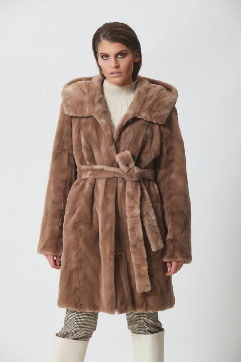 Pastel Sheared Mink Sections Long Jacket with Hood