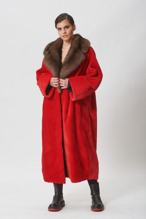 Red Short Sheared Mink Coat with Sable Collar