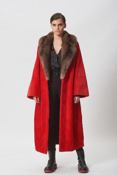 Red Short Sheared Mink Coat with Sable Collar