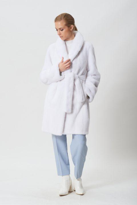 White Mink Jacket with Fur Belt and Shawl Collar