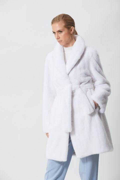 White Mink Jacket with Fur Belt and Shawl Collar