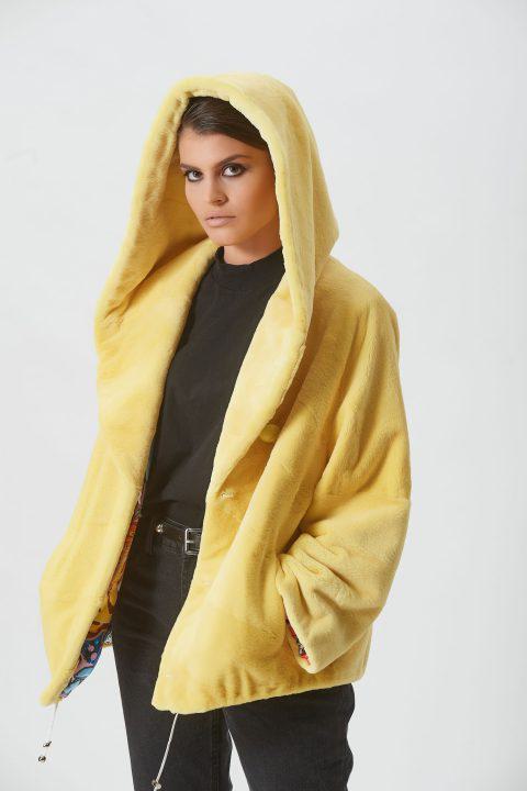 Yellow Short Sheared Mink Short Jacket with Hood