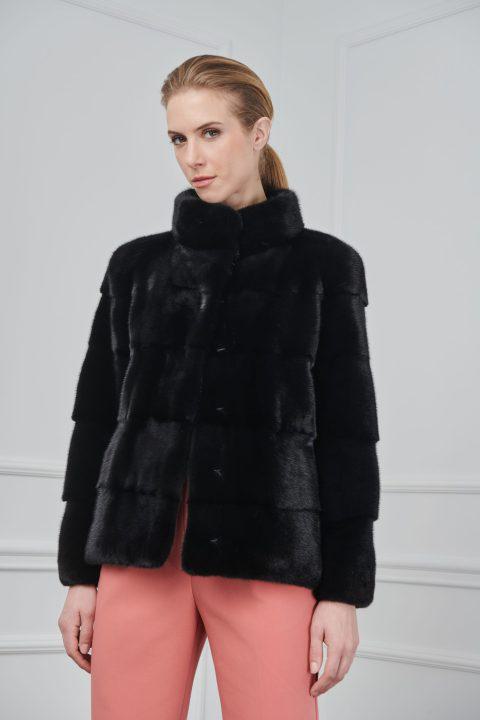 Black Mink Short Jacket with Stand Collar