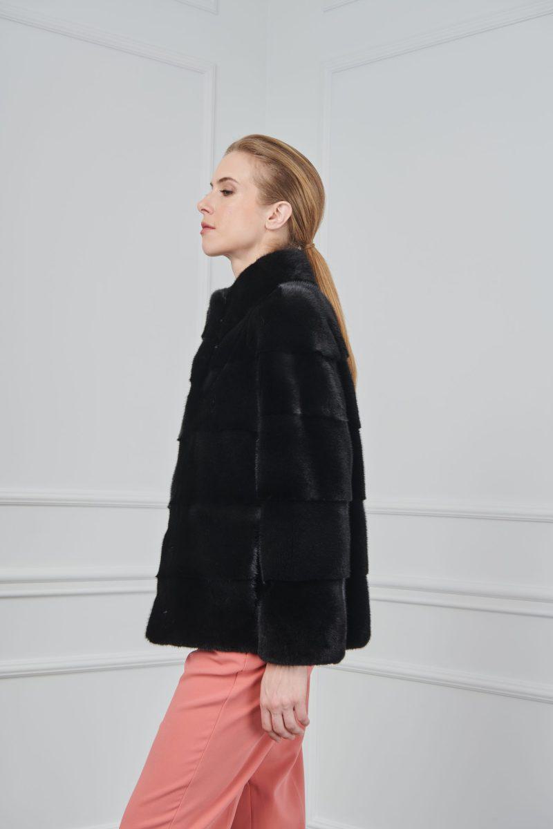 Black Mink Short Jacket with Stand Collar