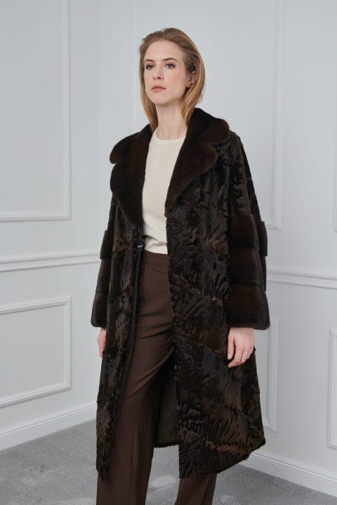 Dark Brown Swakara Coat with Mink Collar and Cuffs