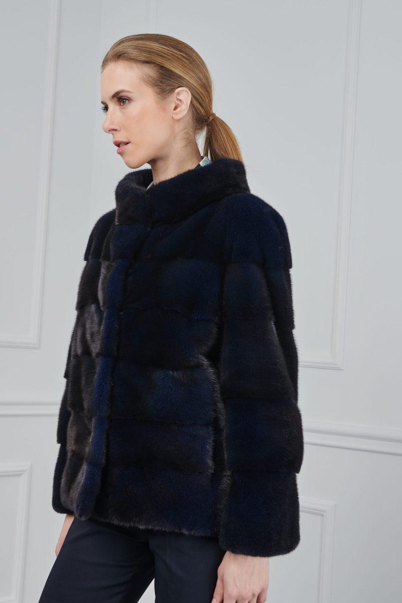 Navy Blue Mink Short Jacket with Stand Collar