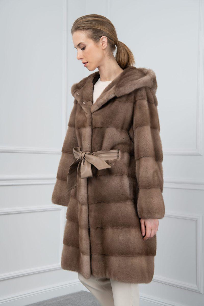 Pastel Mink Jacket with Hood and Leather Belt