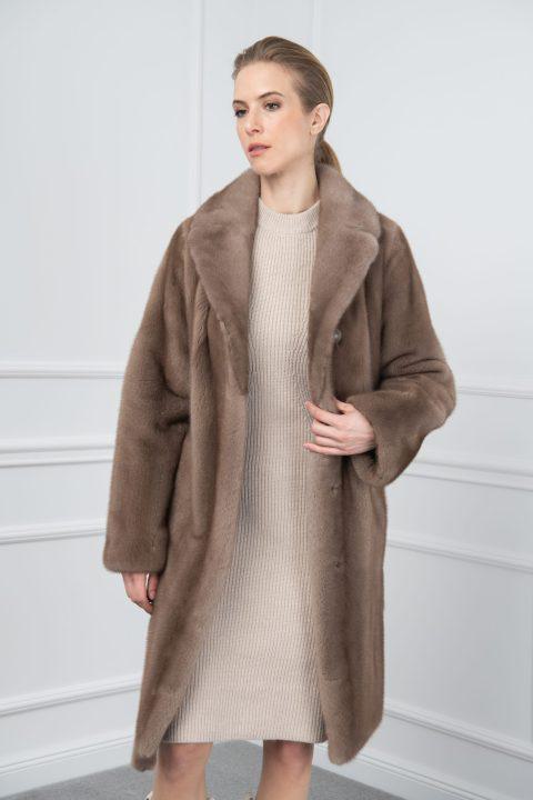 Pastel Mink Coat with Rever Collar and Fur Belt