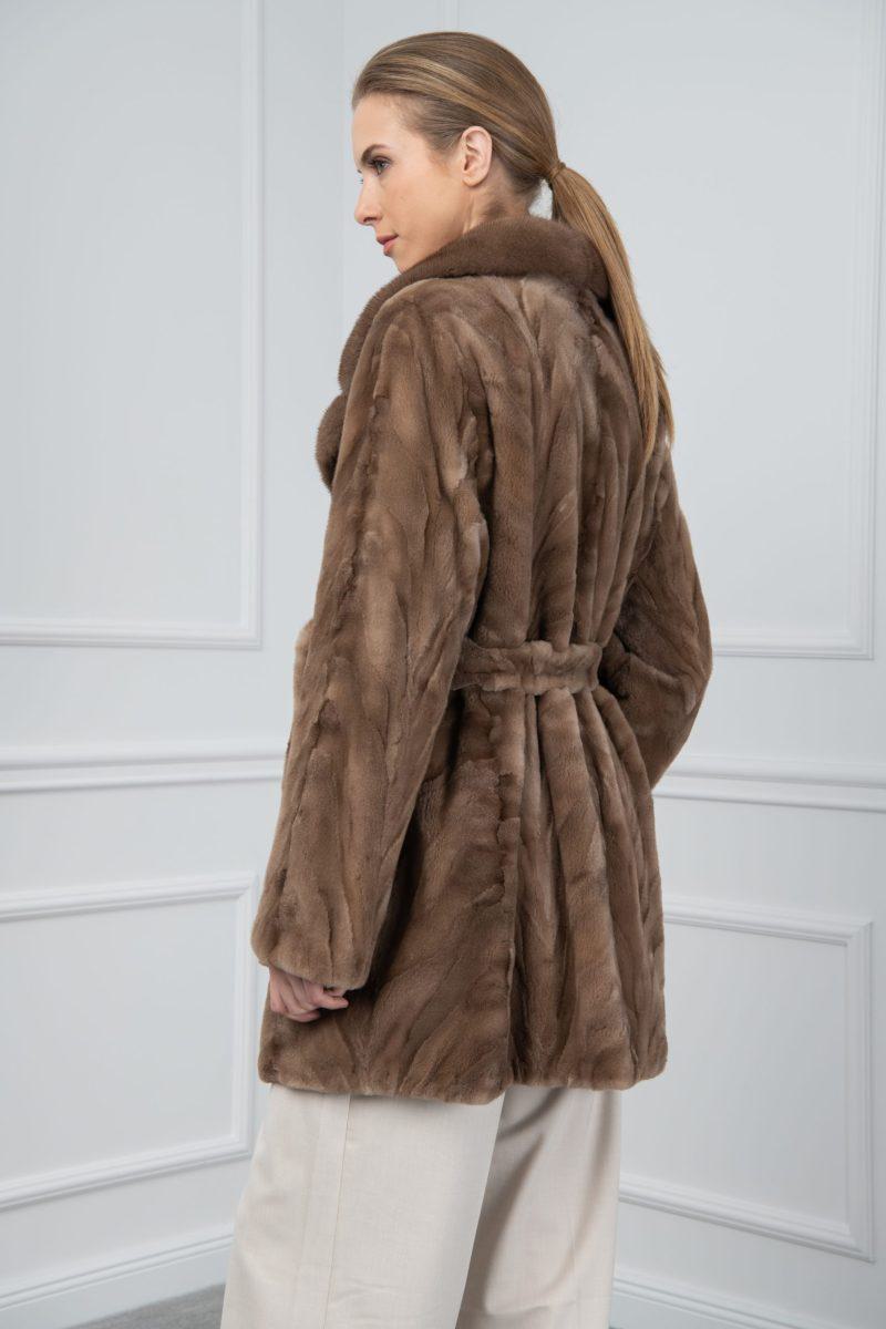 Pastel Sheared Mink Sections Jacket with Mink Rever Collar and Fur Belt