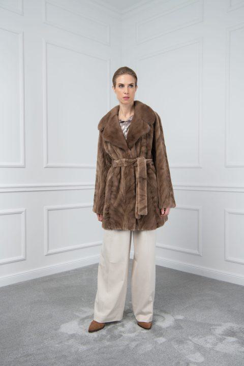 Pastel Sheared Mink Sections Jacket with Mink Rever Collar and Fur Belt