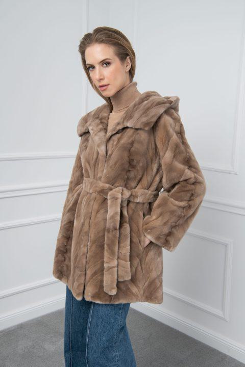 Pastel Sheared Mink Sections Jacket with Hood
