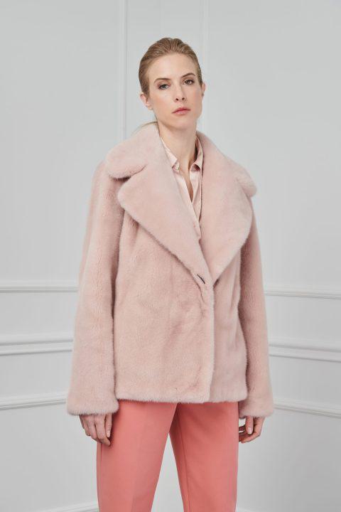 Salmon Pink Mink Short Jacket with Rever Collar