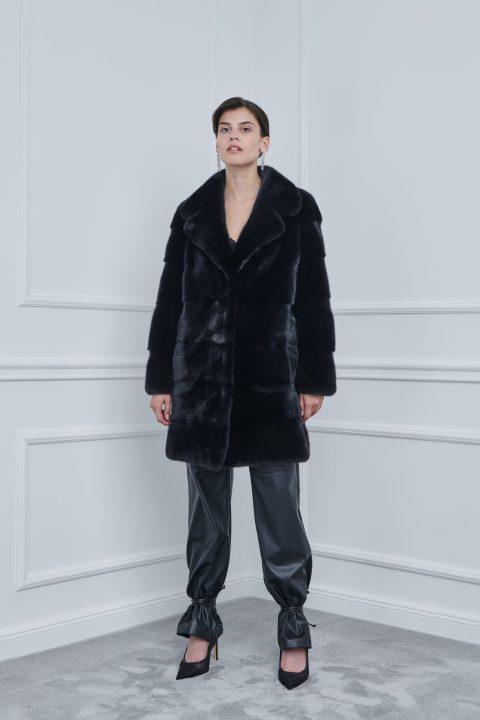 Black Mink Mid-Length Jacket with Rever Collar