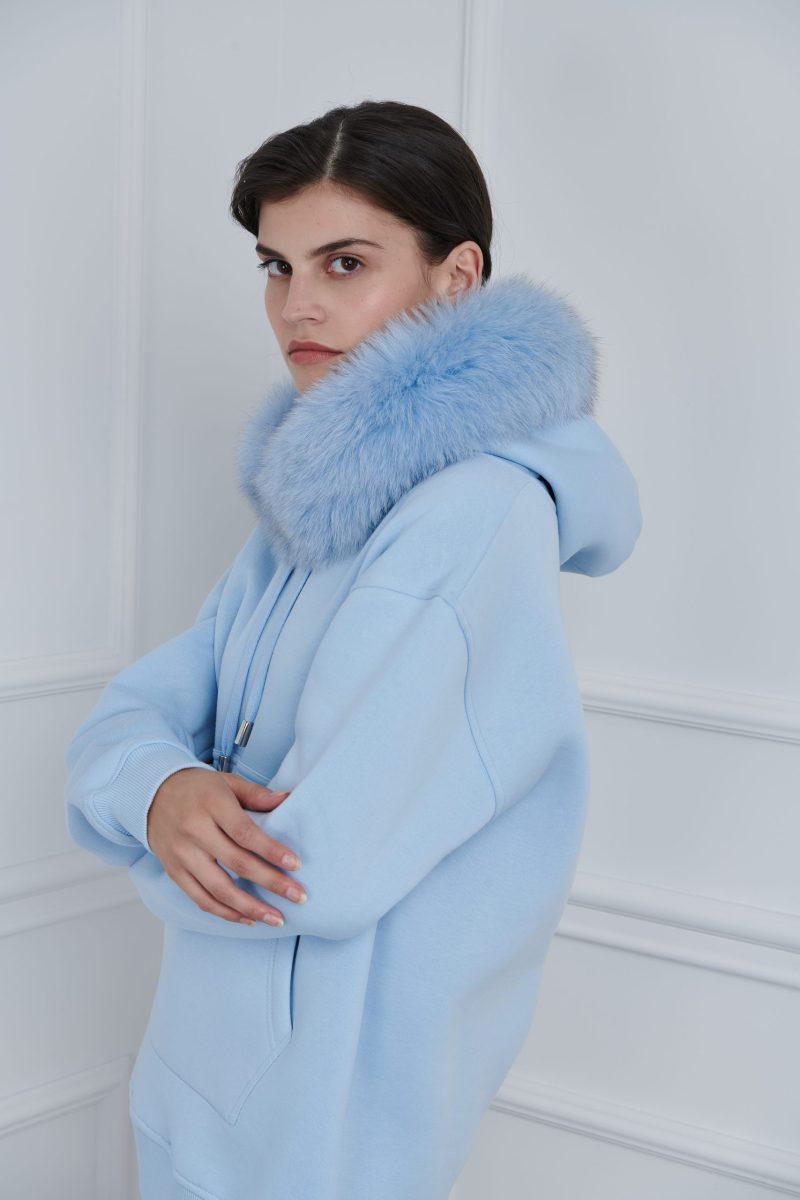 Light Blue Hoodie with Fox Fur