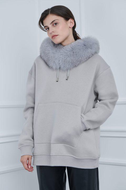 Light Gray Hoodie with Fox Fur