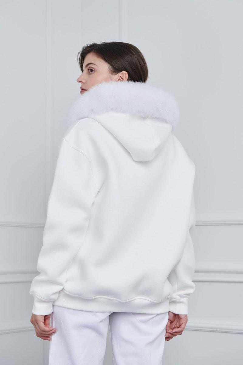White Zip-up Hoodie with Fox Fur