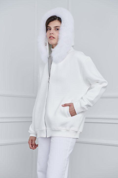 White Zip-up Hoodie with Fox Fur