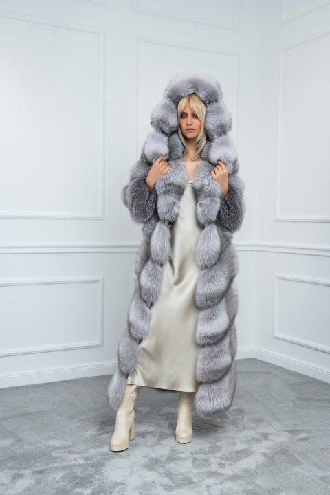 Sapphire Frost Fox Coat with Hood