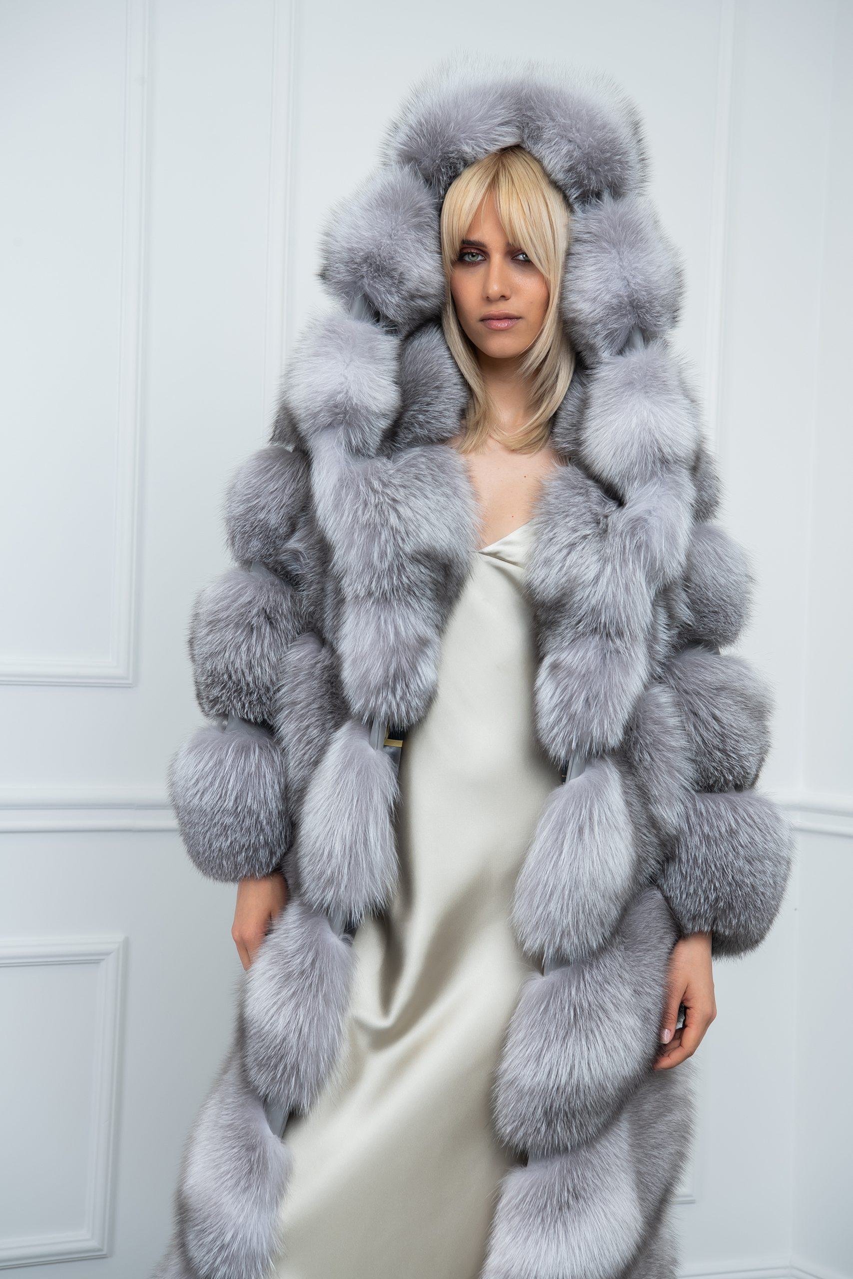 Sapphire Frost Fox Coat with Hood - Shopifur