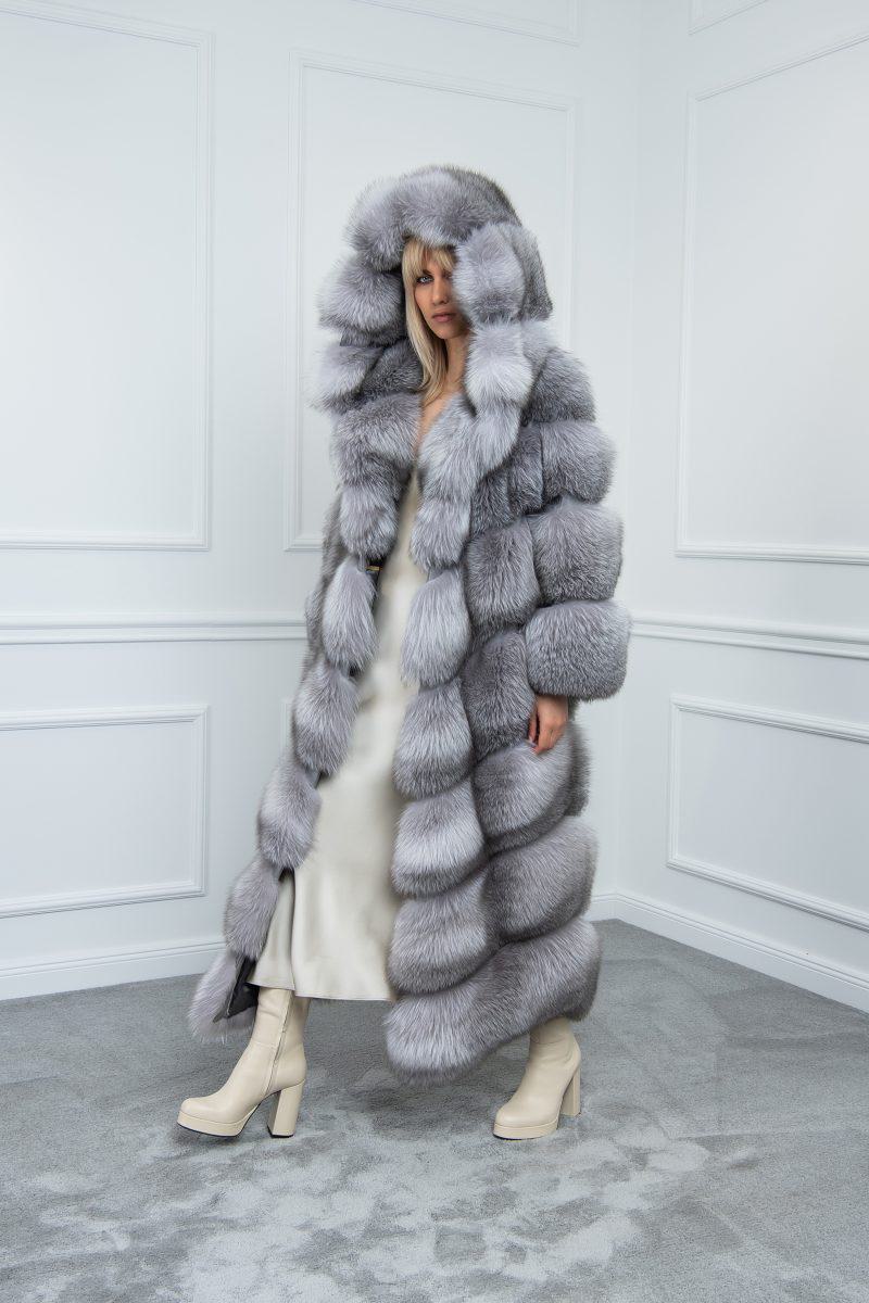 Sapphire Frost Fox Coat with Hood
