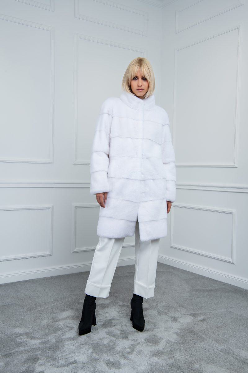 White Mink Long Jacket with Stand Collar