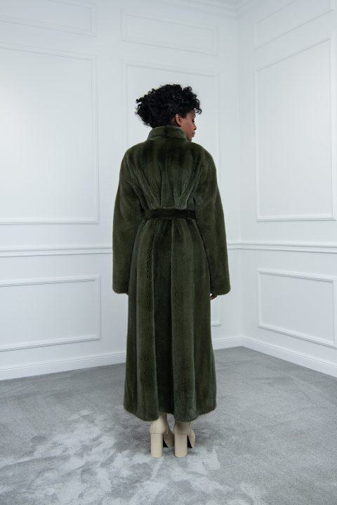 Dark Olive Green Mink Coat with Stand Shawl Collar