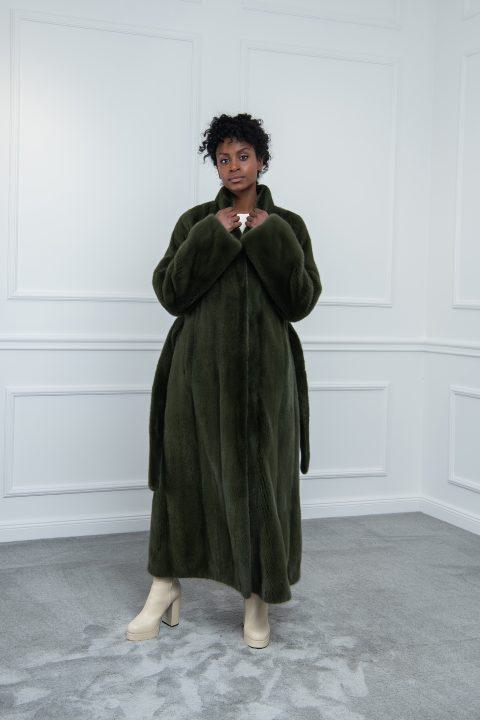 Dark Olive Green Mink Coat with Stand Shawl Collar