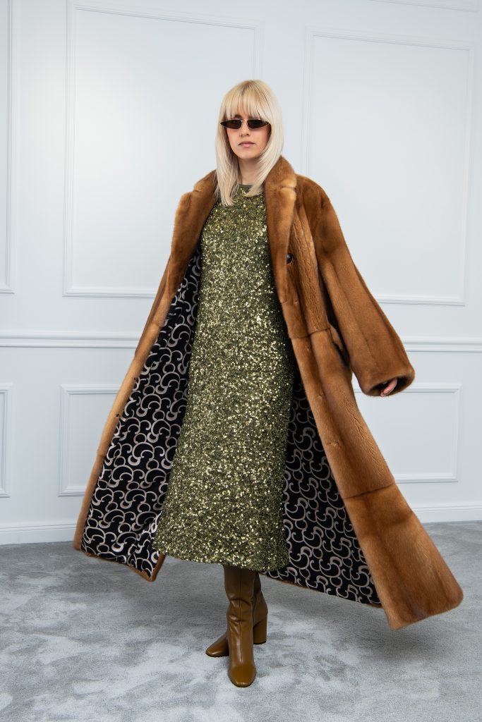 Mink fur long coat in gold shade with side slits
