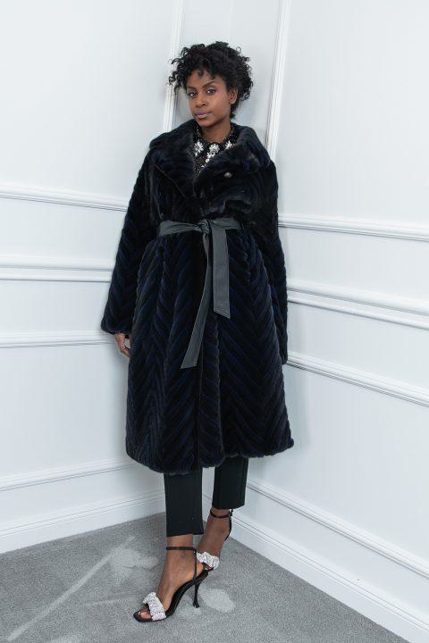 Navy Blue and Black Mink Coat with Rever Collar