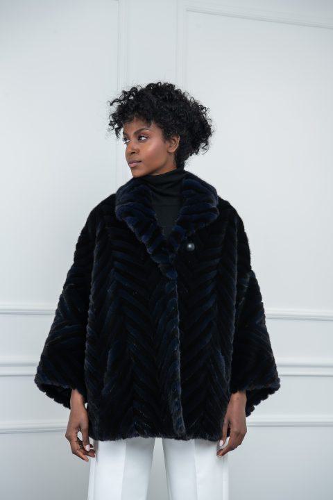 Navy Blue and Black Mink Jacket with Rever Collar